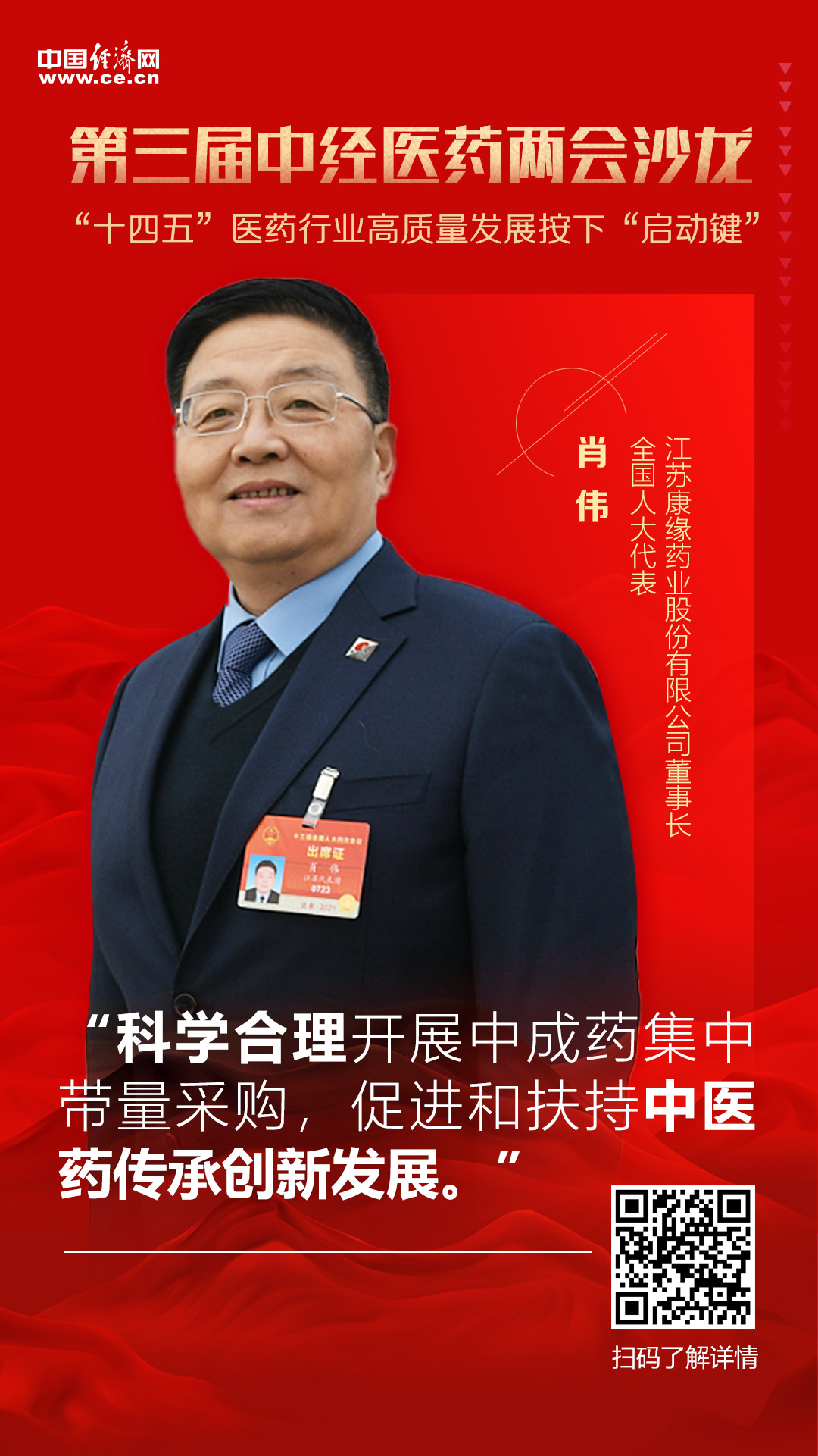 全国人大代表,江苏康缘药业股份有限公司董事长肖伟